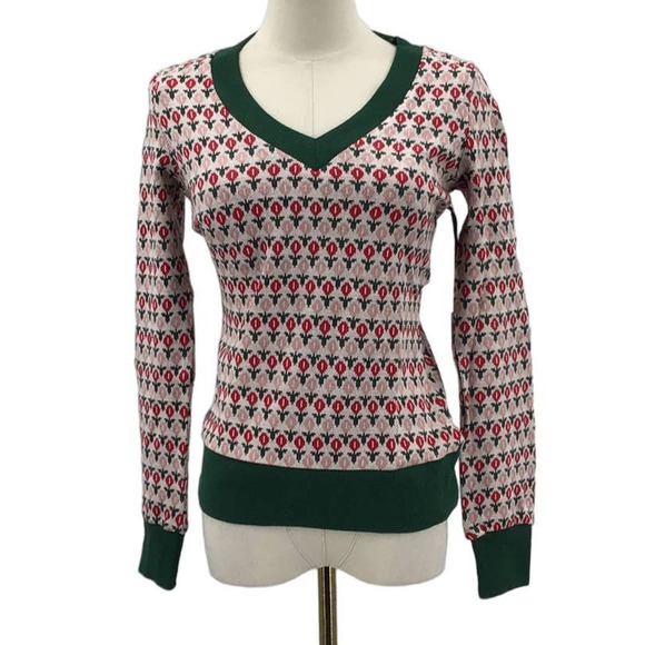 UNIQUE VINTAGE XS white green tulip floral fair Isle 1970 Retro Sweater NWT B51 - Picture 2 of 7